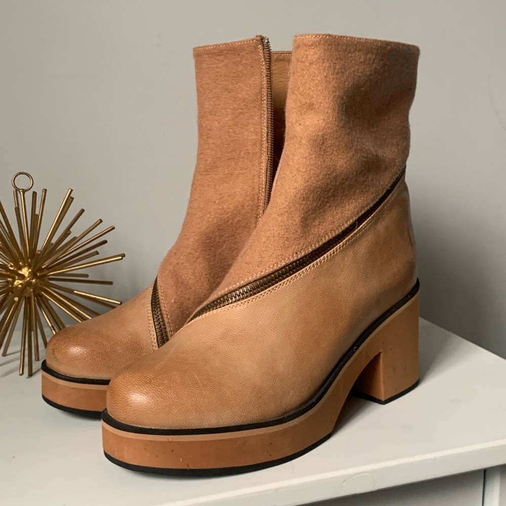 Antelope Tan Suede and Leather Platform Ankle Boots